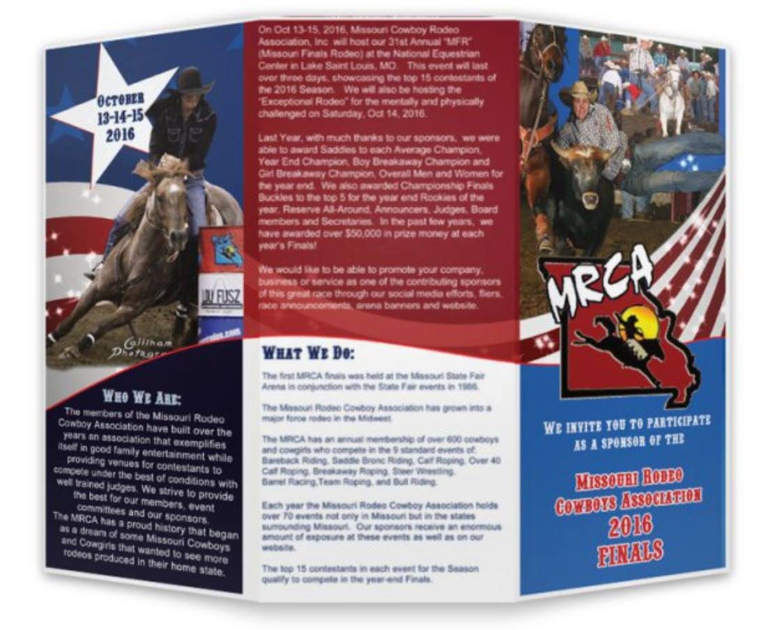 Missouri Rodeo Cowboys Association Finals sponsorship brochure, front panel